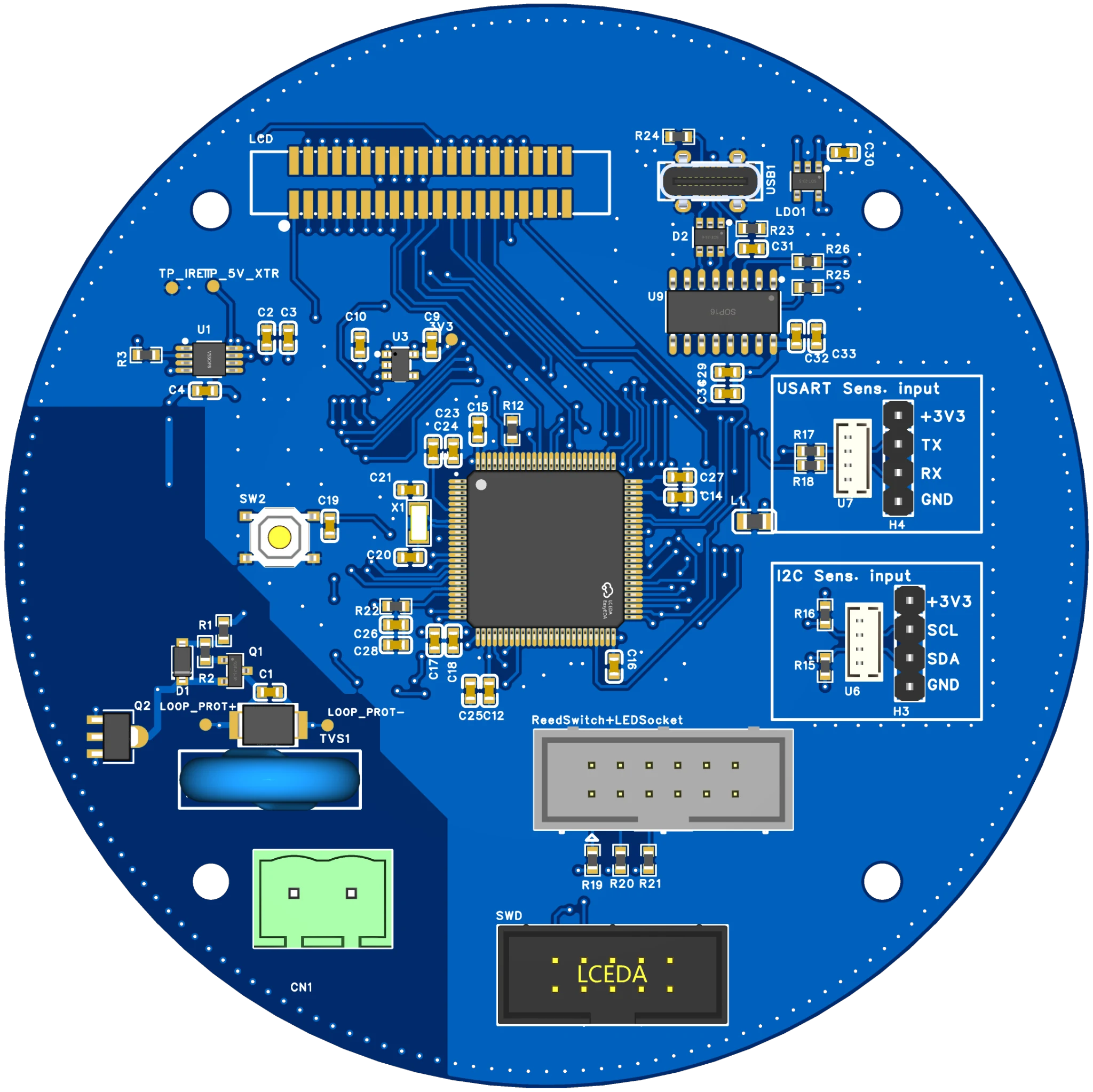 TX verici kartının üstten bileşen yerleşimi ve PCB yolları