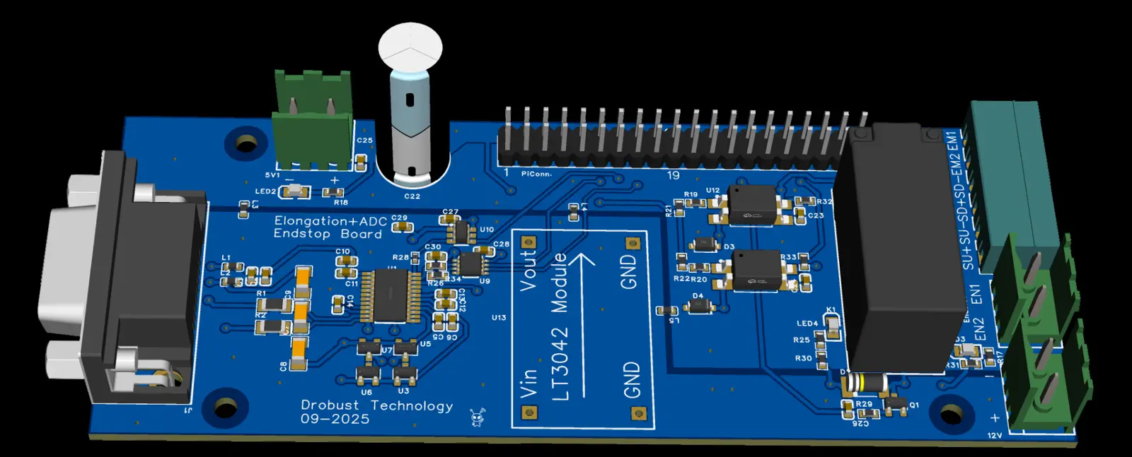 Elongation ADC Endstop özel PCB kartı, bileşenlerin 3D perspektif görünümü