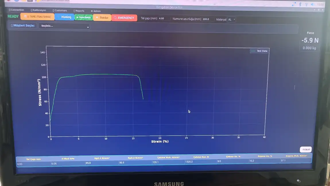 Test yazılımındaki çekme deneyi gerilme uzama grafiği